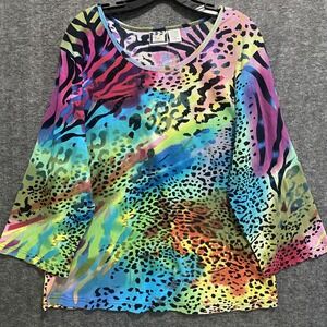 NEW Take Two Clothing Co Top Womens 3X Animal Print Sequin‎ Rainbow Bold Artsy